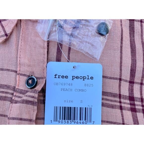 Free‎ People Women's Long Sleeve Size S, Button - Up Checkered Peach Combo NWT - Picture 5 of 6